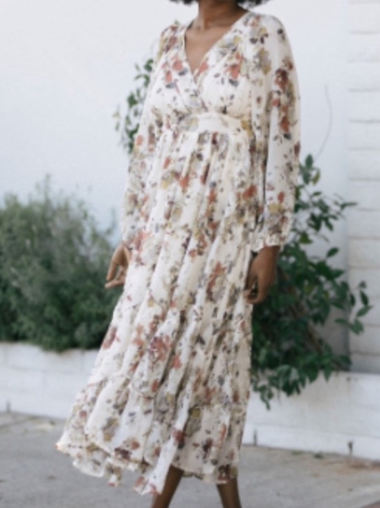Storia Dresses & Skirts - Storia Earthy Floral Flowy Boho Mid Maxi Tie Back Blouson Tiered Dress Small